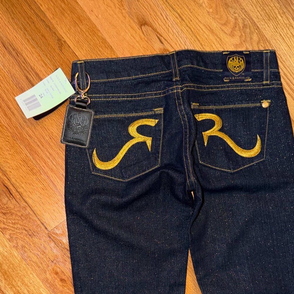 Rock & Republic Womens DarkBlue Jeans Gold Stitching Sz 24, lowrise, straightleg